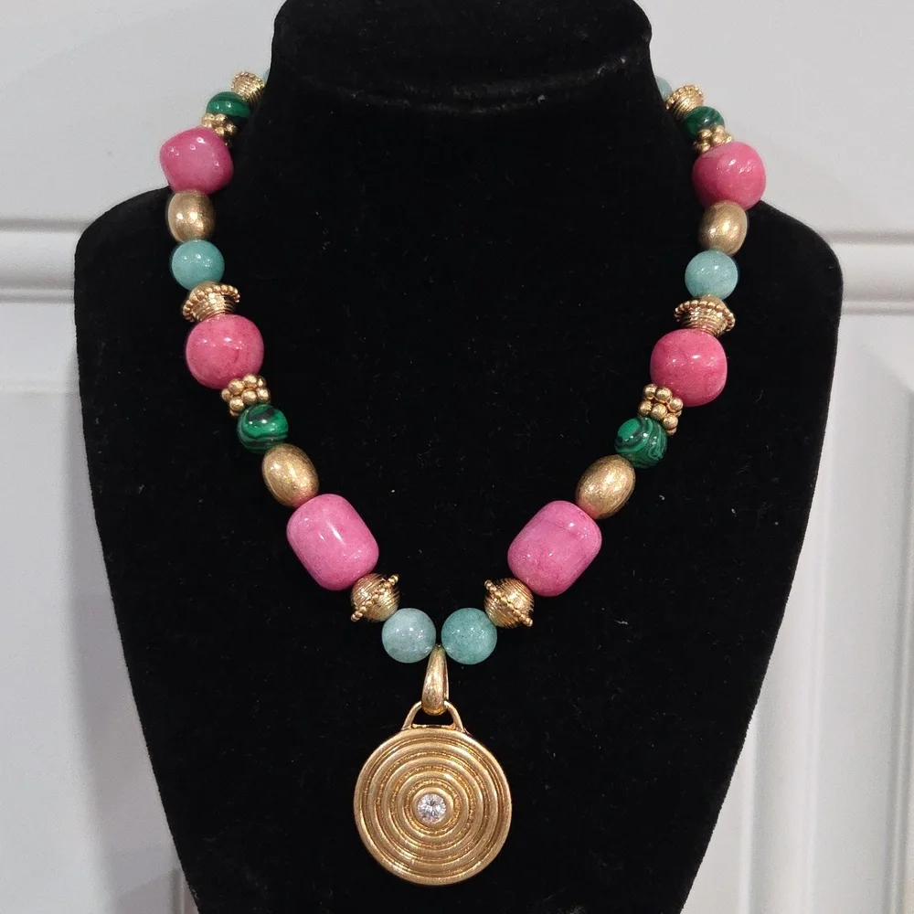 💕▪️ Piper K▪️Pink Marble & Dyed Quartz Malachite Beaded 16in CZ Necklace